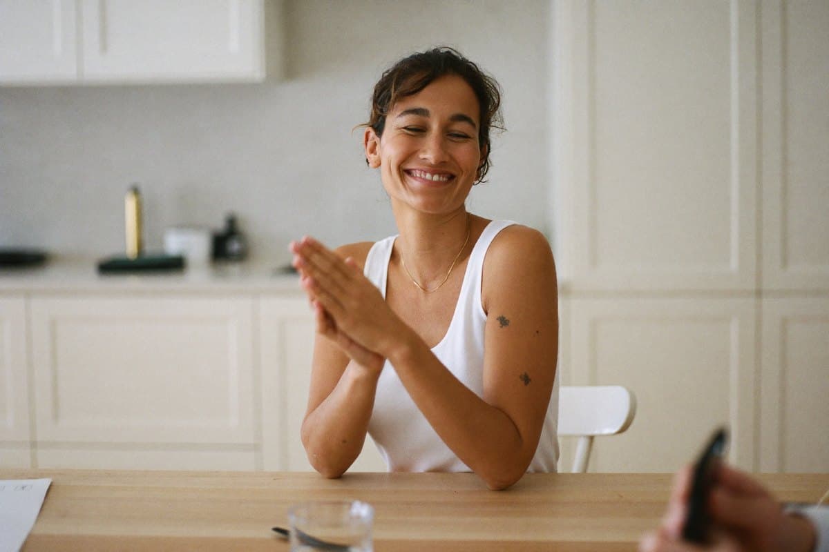 Woman sitting relaxed at a bright kitchen table, smiling