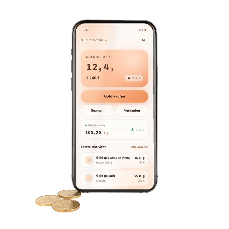 Smartphone with the aurumbeam app next to gold coins