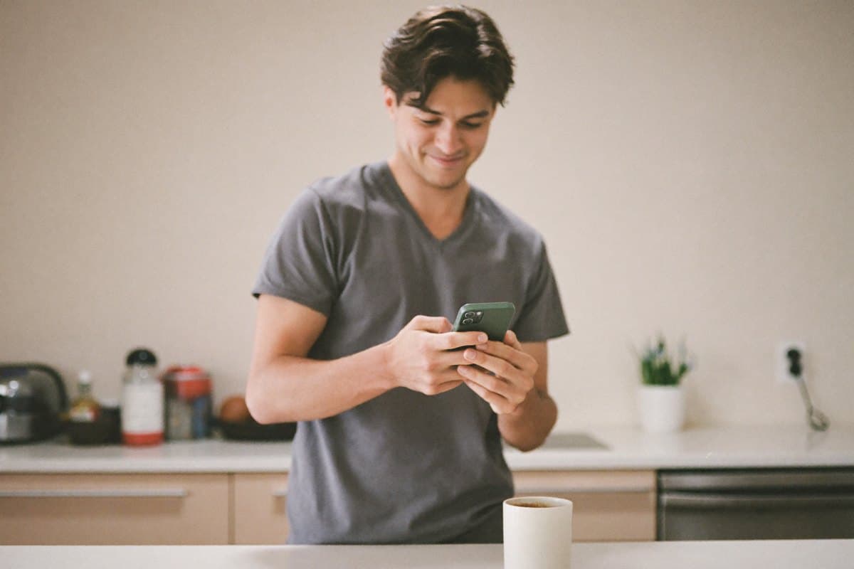 Young man standing in his bright kitchen, calmly tapping on his phone